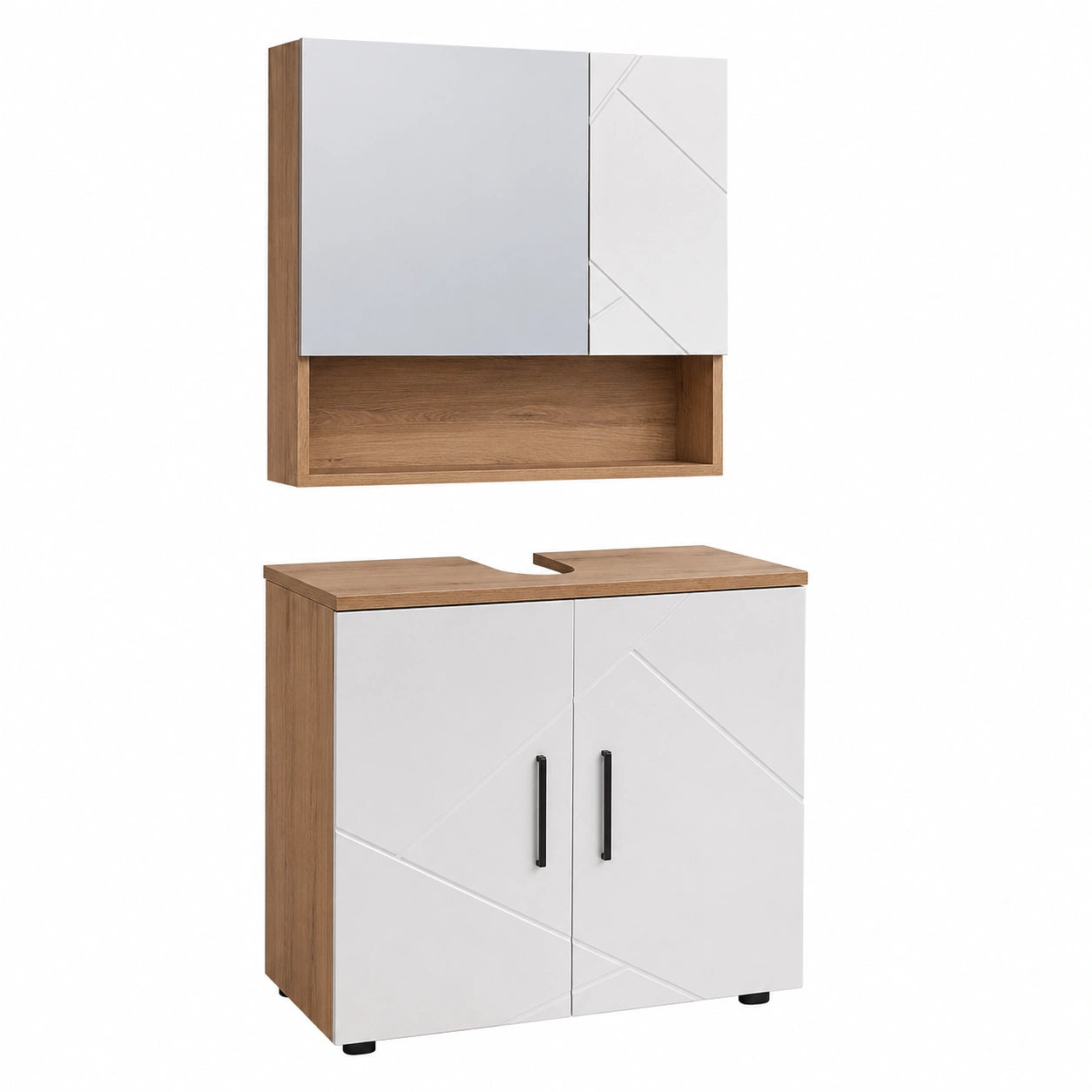 Vicco Badezimmer-Set Irma in Weiß Hochglanz mit Eichenoptik, 80 cm, inklusive Spiegel und Unterschrank