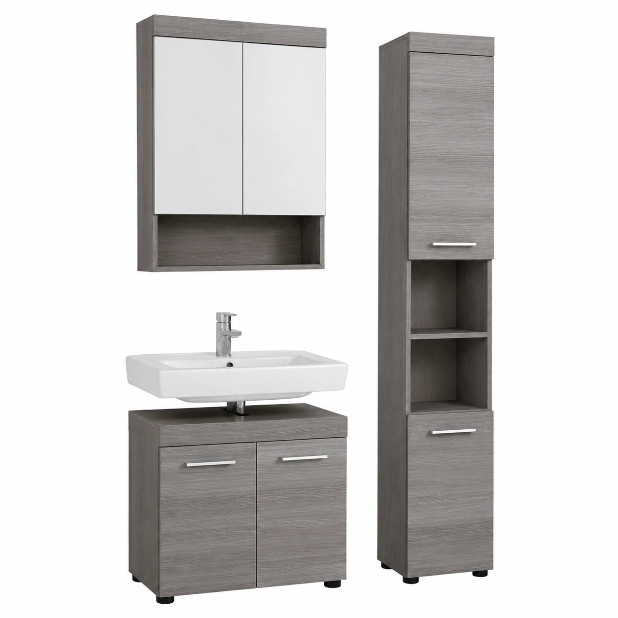 Moderne Badezimmermöbel-Set in Grau - Hochschrank, Waschbeckenunterschrank, Spiegelschrank - 103 x 190 x 31 cm