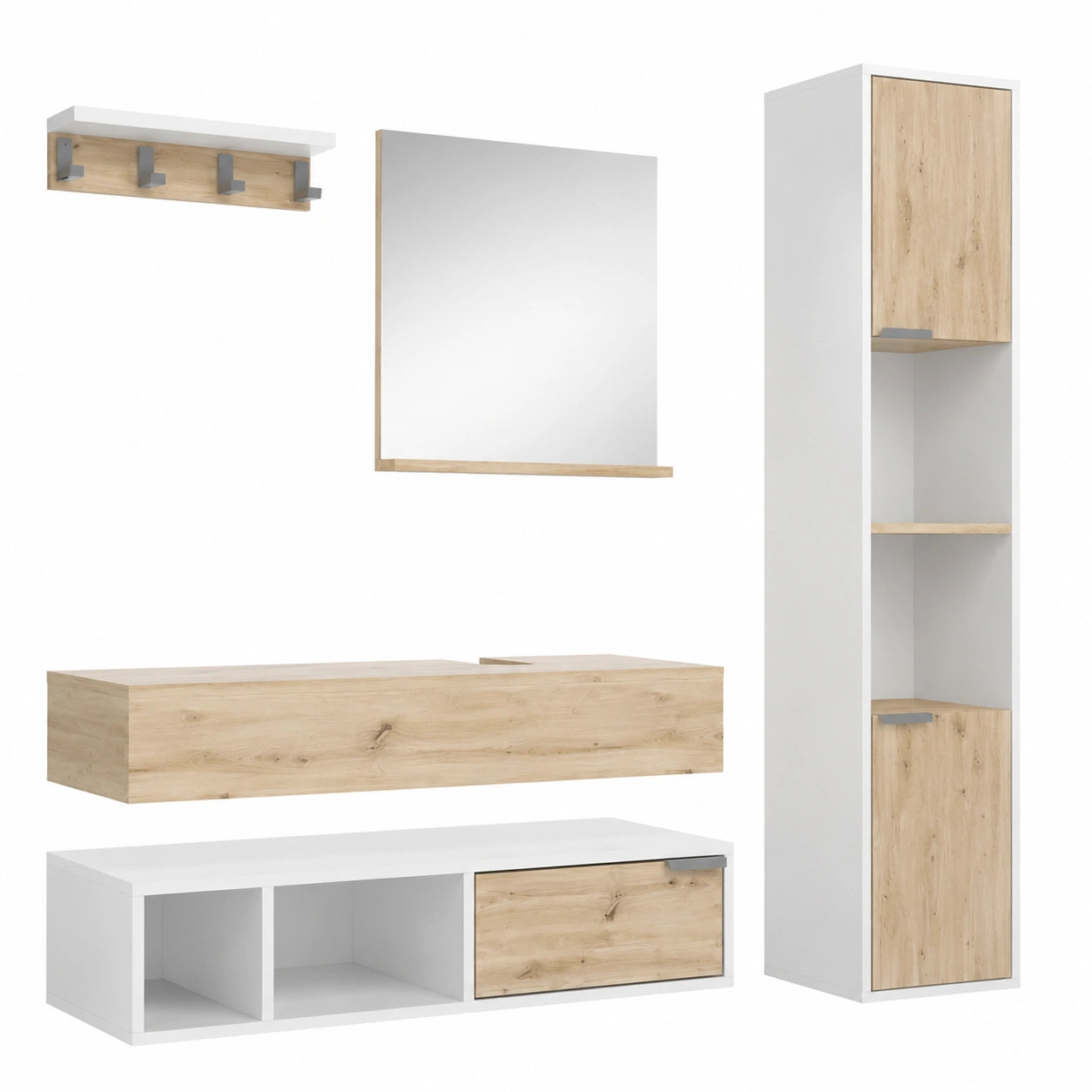 Vicco Badezimmer-Set Henri, 100 cm, Weiß, mit Spiegel, Regal, Hochschrank, Waschtisch und Ablage