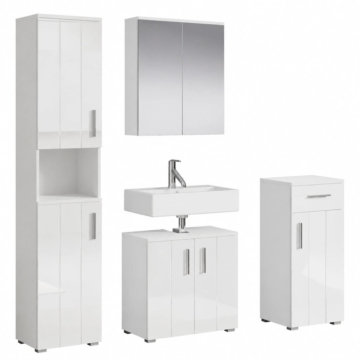 Modernes Badezimmermöbel-Set, 4-teilig, Weiß Hochglanz, 164 x 192 x 32 cm