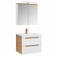 Hochwertiges Badezimmer-Set: Waschplatz mit Keramik-Waschtisch und LED-Spiegelschrank, Hochglanz weiß & Wotan Eiche