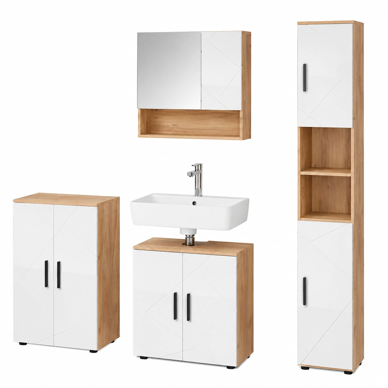 Livinity Badmöbel-Set Ronco, Hochglanz Weiß/Goldeneiche, 4-teilig mit Hochschrank und Kommode