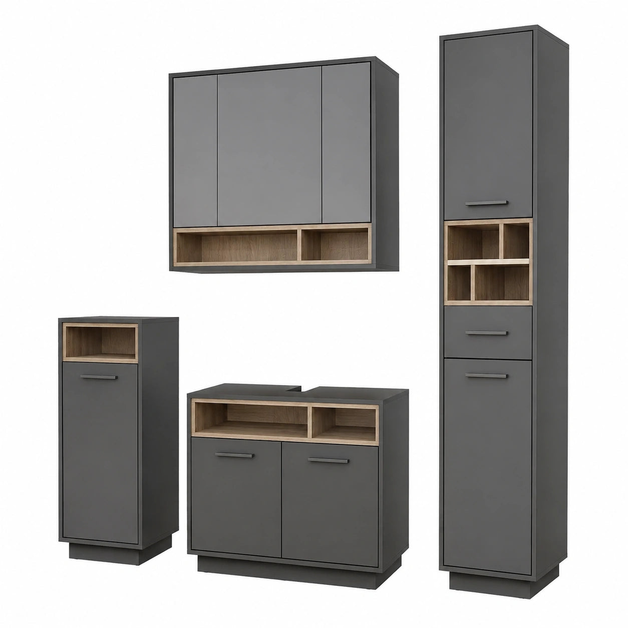 Vicco Badezimmer-Set Beatrice, Anthrazit, 80 cm, inkl. Waschtischunterschrank, Spiegelschrank, Hochschrank und Mittelschrank