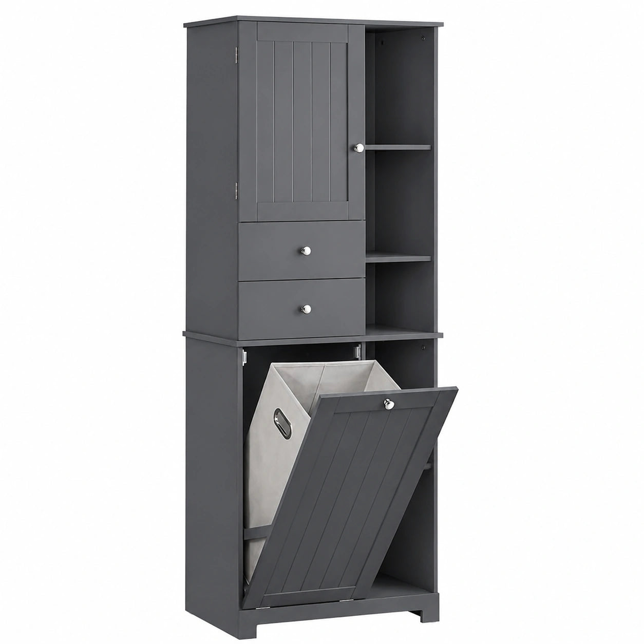 Moderner Schmaler Badezimmerschrank mit Wäschekorb und Regalfächern, 6 Ablagen, 2 Schubladen, Grau, 60x37x171 cm