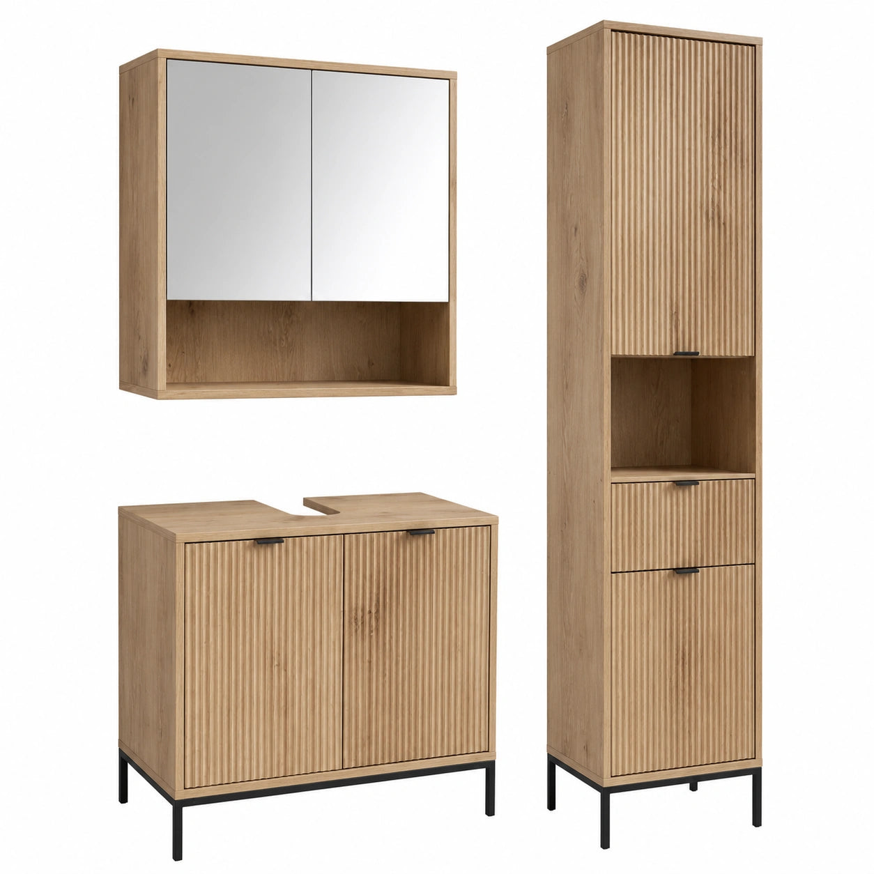 Vicco Badezimmermöbel-Set Eliza, Wikinger Eiche, 70 cm - mit Waschtisch, Spiegelschrank und hohem Schrank