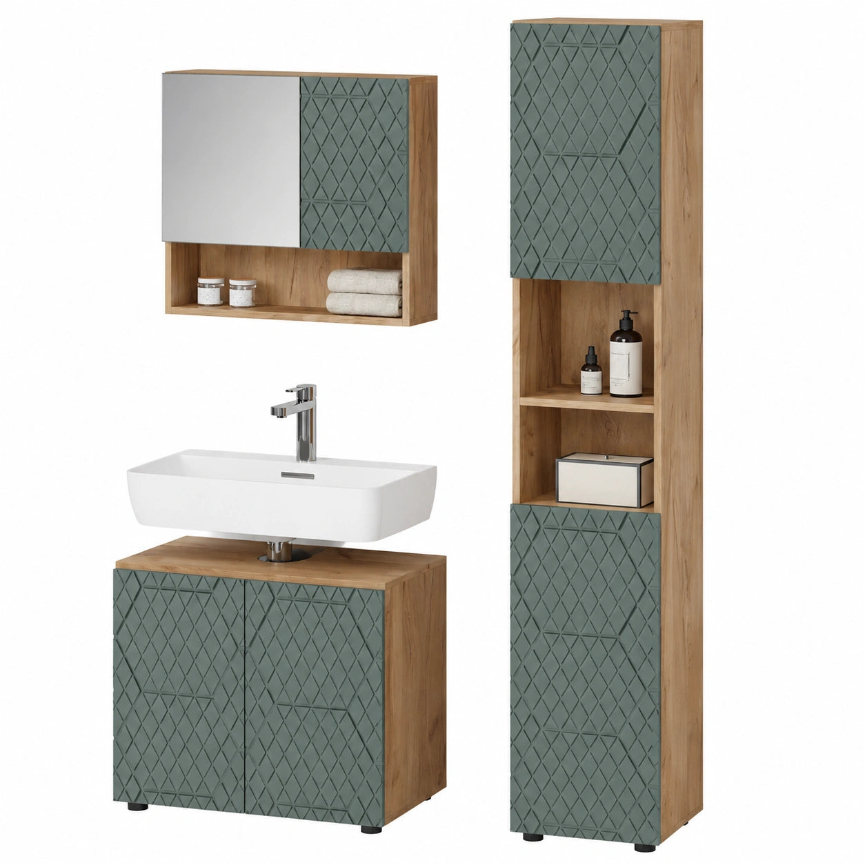 Livinity Badezimmerset Ronco, Eiche Grün/Gold, 3-teilig, inklusive Hochschrank