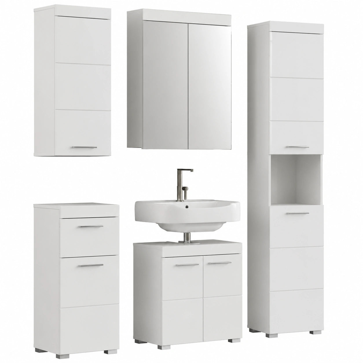 Trendteam Badezimmer Set Amanda - Komplettlösung mit Spiegelschrank und Stauraumelementen, Weiß Hochglanz, Kratzfest, 163x190x34 cm