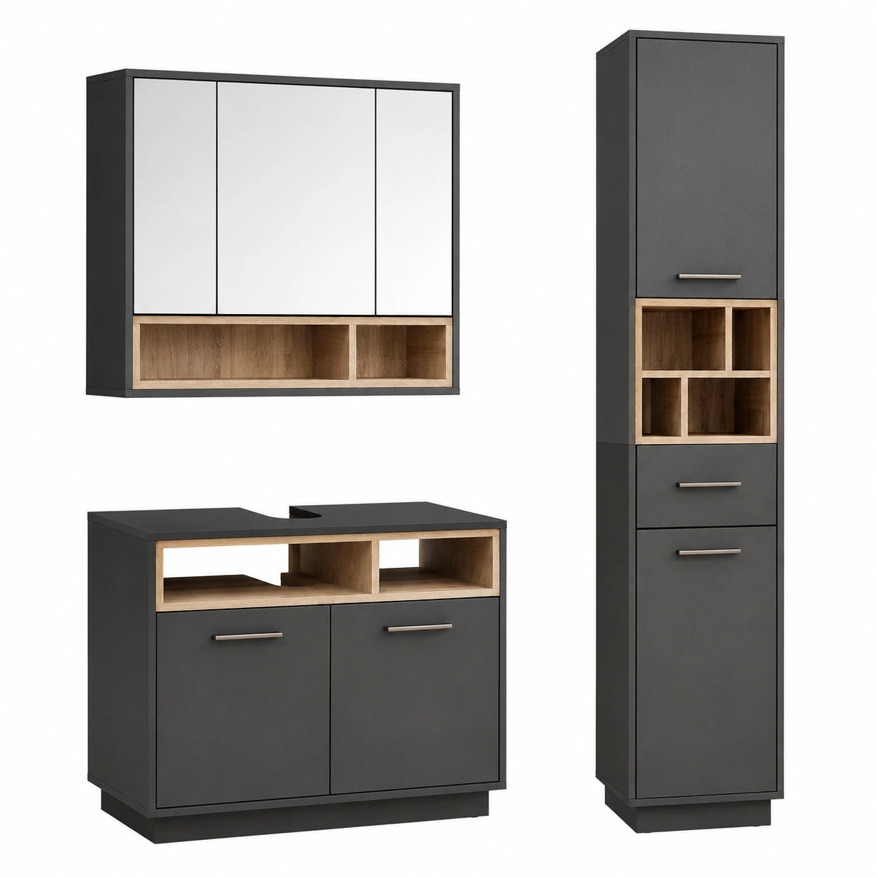 Vicco Badezimmerset Beatrice Anthrazit 80 cm mit Waschtischunterschrank, Spiegelschrank und Hochschrank