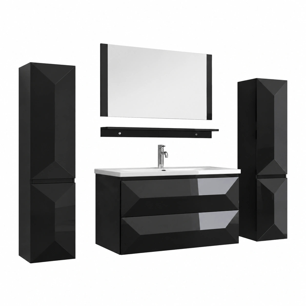 Faizee Home Badezimmermöbel-Set Miran 90 cm Schwarz Hochglanz, Modernes Set mit Keramikbecken, Soft-Close Unterschrank & Rechtem Hochschrank