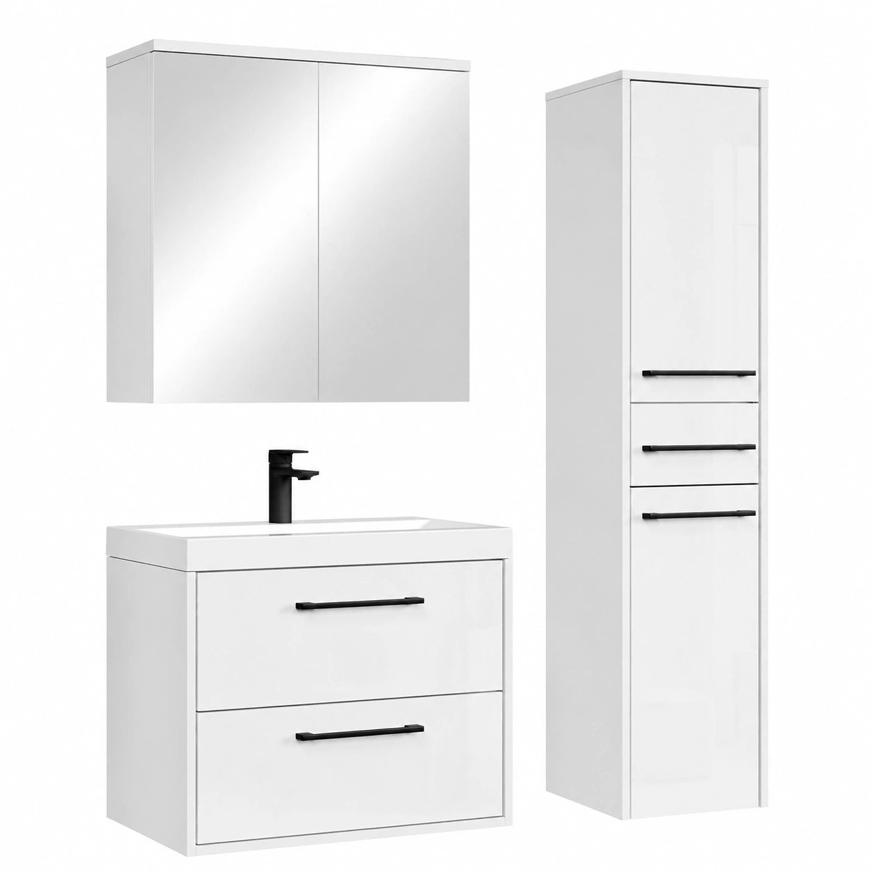 Badezimmermöbel-Set Florence: Weiß Hochglanz mit Waschbecken, Spiegelschrank & Hochschrank, 60 x 35 cm