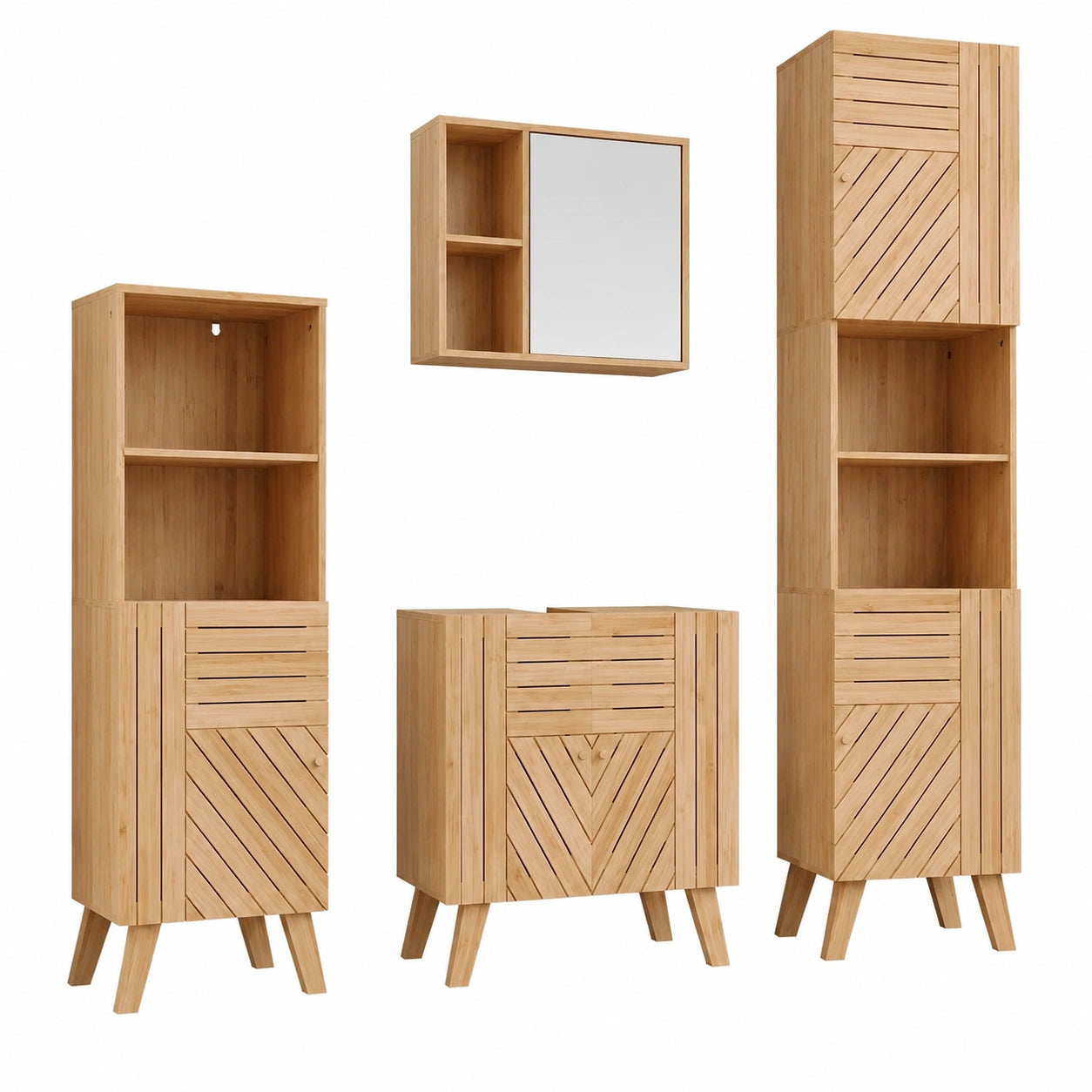 Vicco Badmöbel-Set Lucie aus Bambus, 60 cm - inkl. Waschbeckenunterschrank, Spiegelschrank, Hochschrank und Midischrank