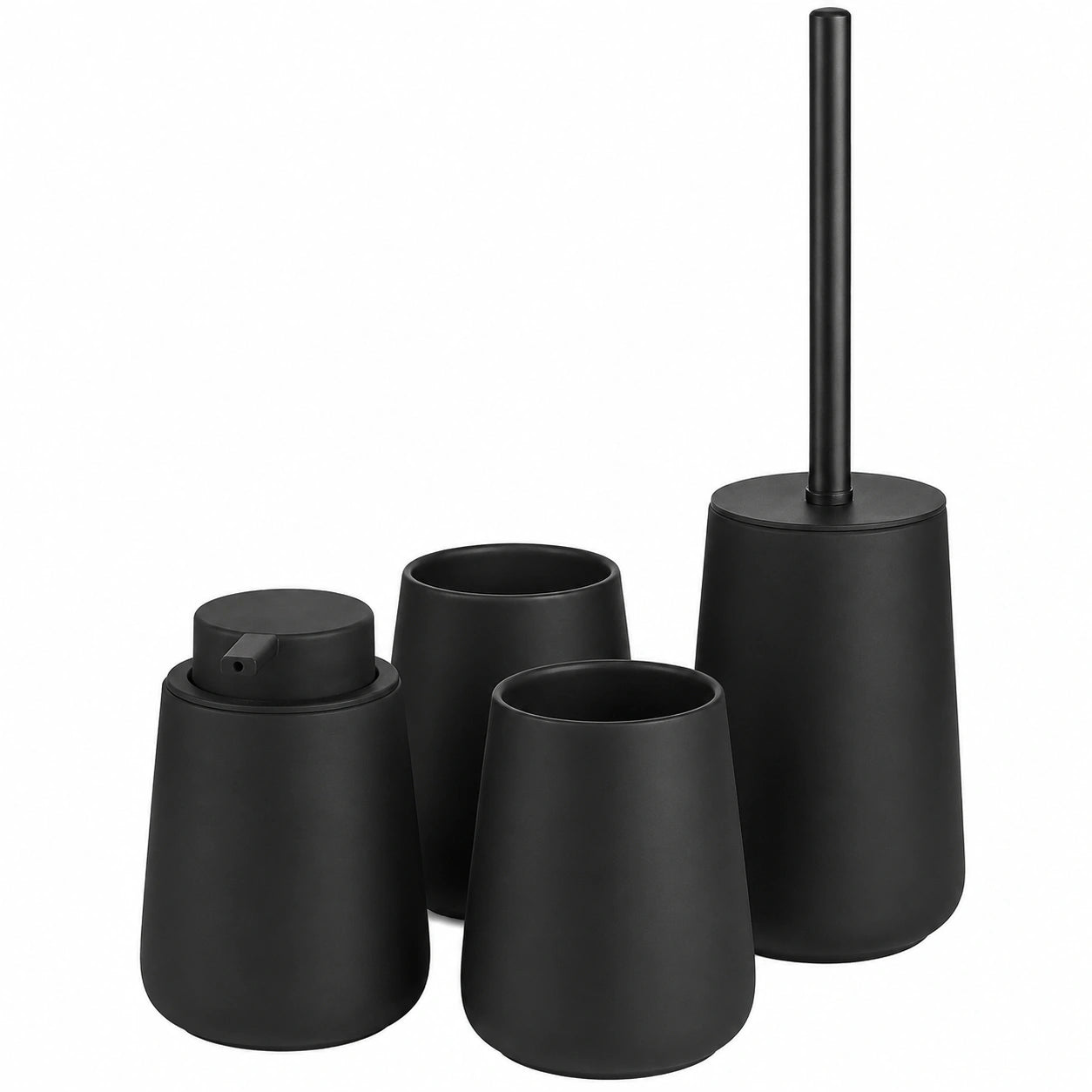 Schwarzes Badezimmer-Set aus Keramik – Seifenspender, Zahnputzbecher & Toilettenbürste im nordischen Design
