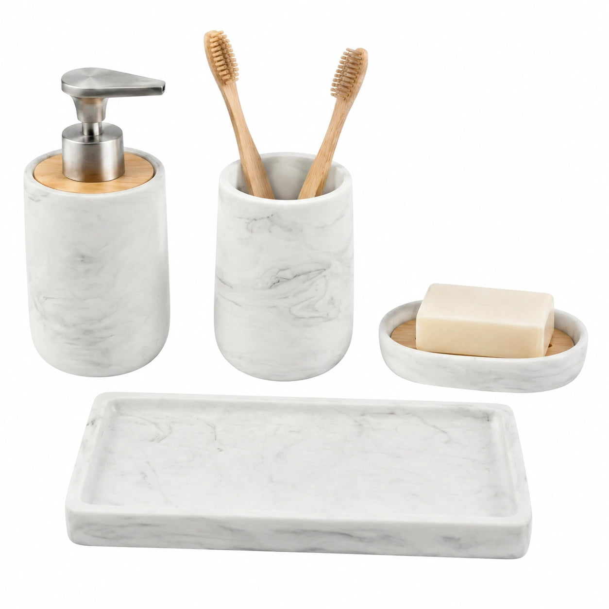 4-teiliges Badezimmer-Set mit Marmoroptik und Bambus