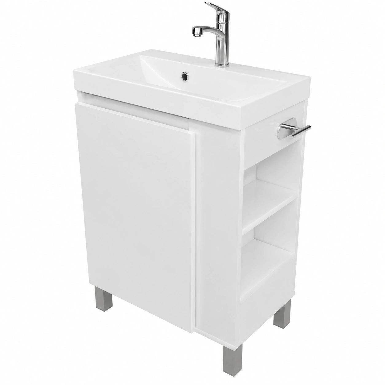 Modernes Badmöbel-Set: Waschbecken mit Unterschrank und Toilettenpapierhalter, 57 cm, Weiß, flexibel montierbar
