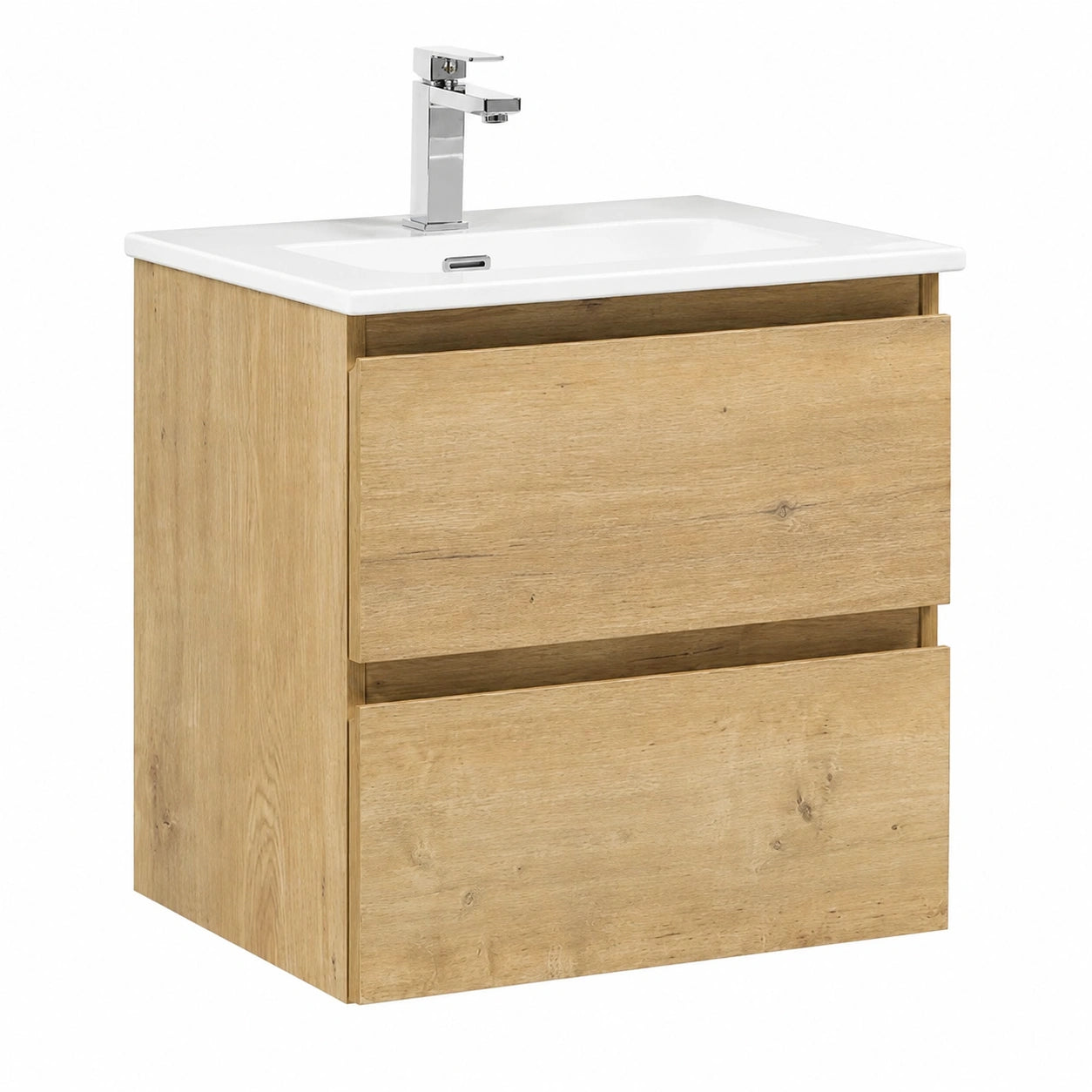 Waschtischset Eiche Natur, 60 cm, Hängeschrank mit Keramikbecken, Ideal für Bad & Gästebad