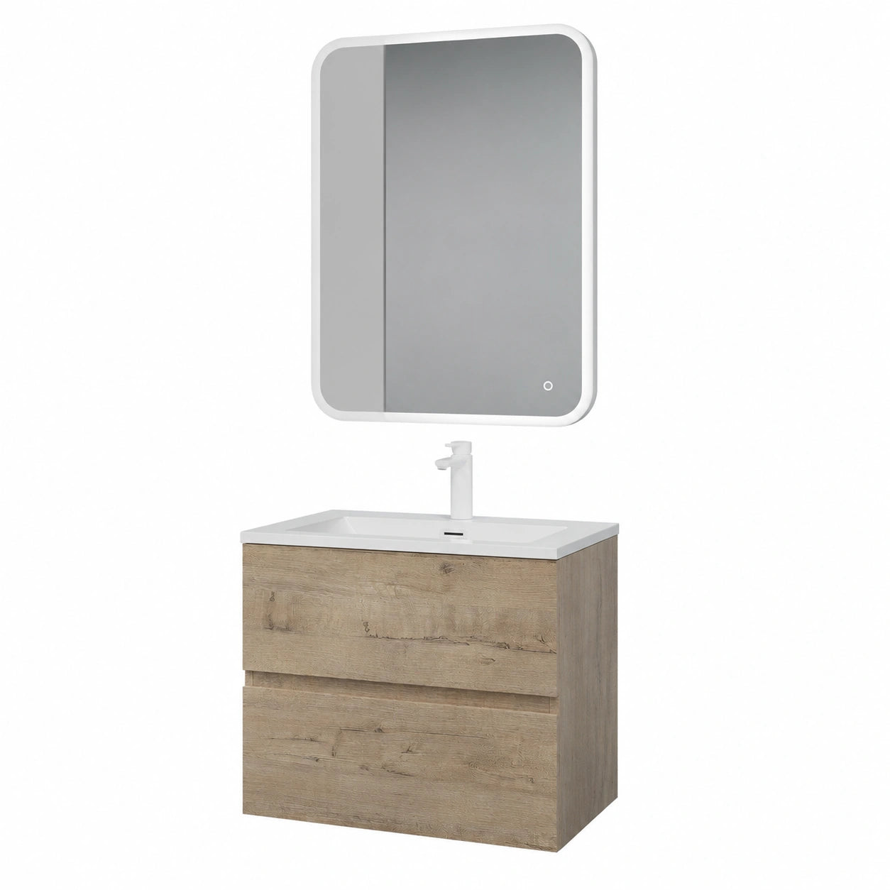 doporro Badmöbel-Set mit Waschbecken-Unterschrank, Eiche Greige, inkl. LED-Spiegel und Mineralguss-Waschbecken, Wandmontage, Maße: 80x48x50 cm