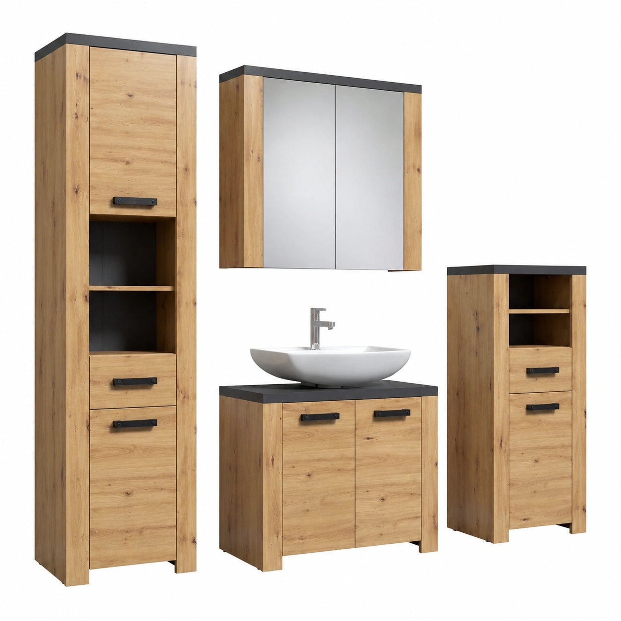 Trendteam Badezimmer-Set mit Spiegel und Waschtisch in Artisan Eiche und Matera, 215x196x35 cm