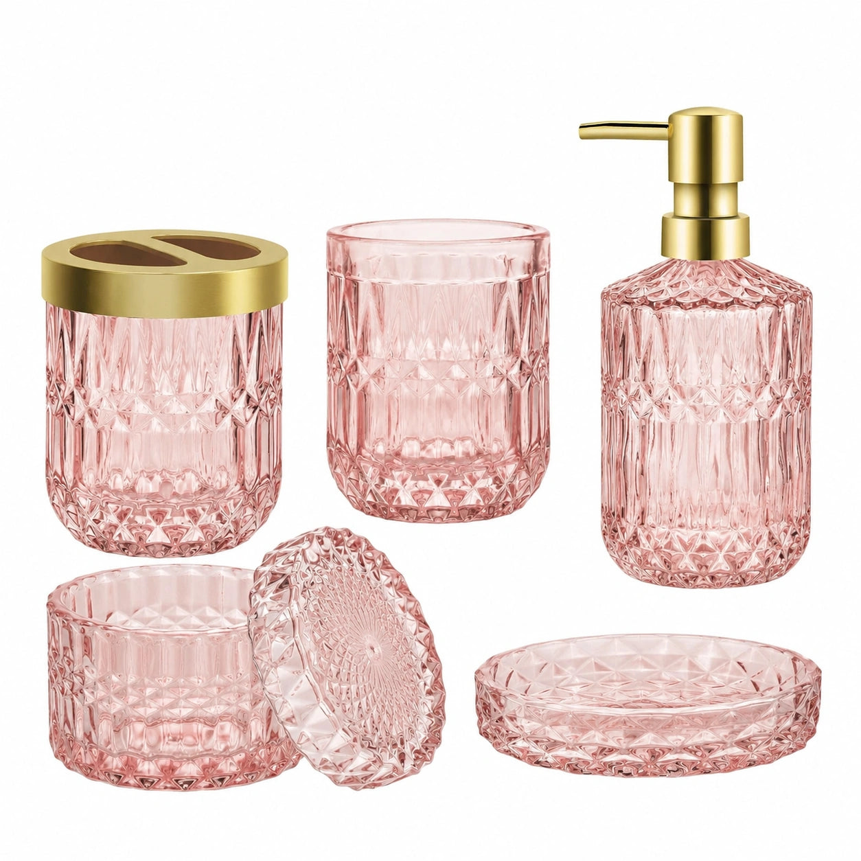 5-teiliges Badezimmerzubehör-Set aus Glas, Rosa Seifenspender-Set mit Halterungen und Deko