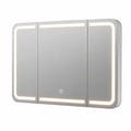 Moderner Badezimmerspiegel mit 3 Türen, 90 cm, 360° Ansicht, LED mit Touch-Sensor, dimmbar, 3 Lichtmodi, integrierte Ladefläche