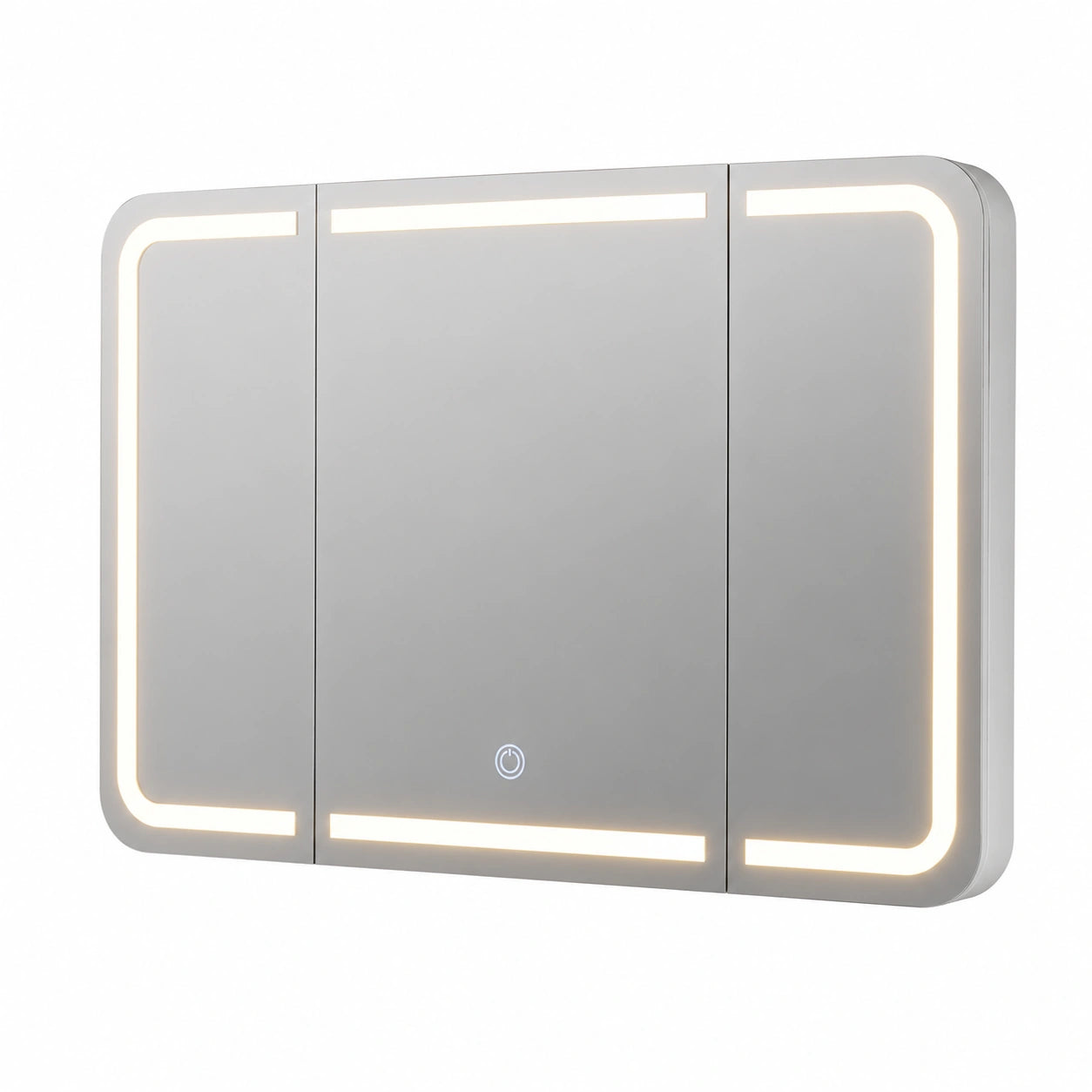 Moderner Badezimmerspiegel mit 3 Türen, 90 cm, 360° Ansicht, LED mit Touch-Sensor, dimmbar, 3 Lichtmodi, integrierte Ladefläche