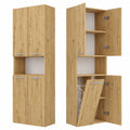 Moderner Badezimmerschrank mit Wäschekorb, Eiche Artisan, freistehend mit offenen Regalen, 174x60x30 cm