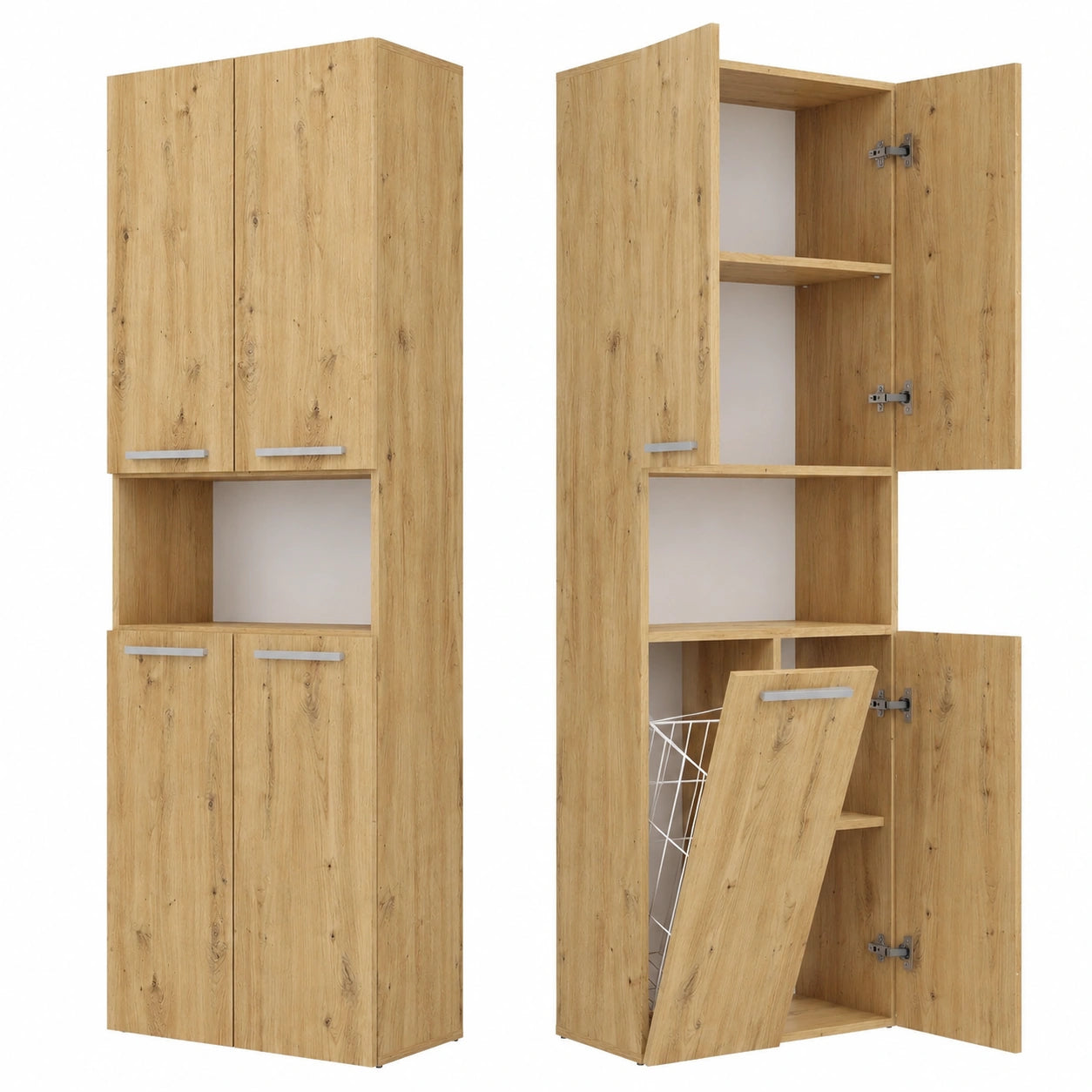 Moderner Badezimmerschrank mit Wäschekorb, Eiche Artisan, freistehend mit offenen Regalen, 174x60x30 cm
