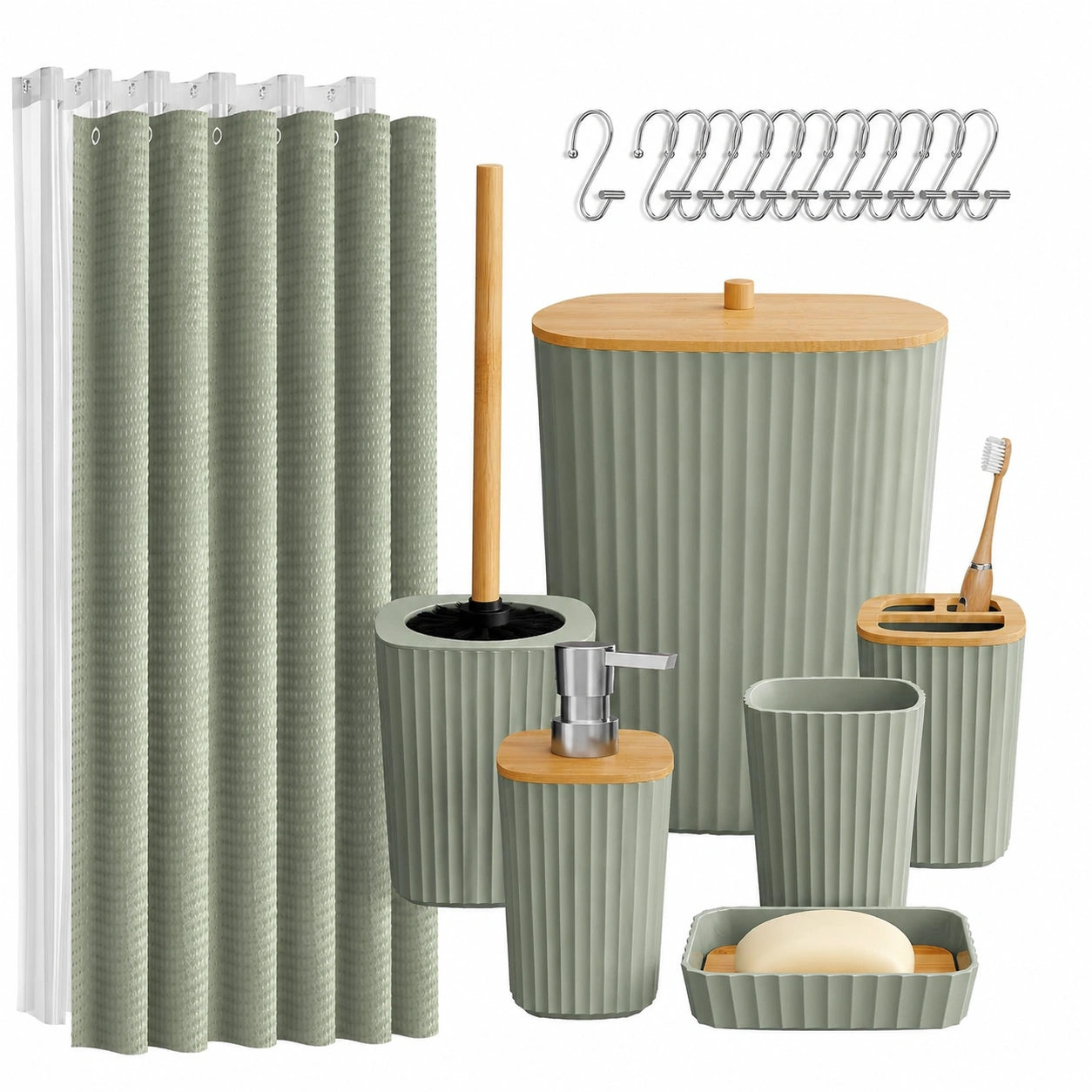 Badezimmer-Komplettset, 20-teilig, mit Duschvorhang, Toilettenbürste, Mülleimer und Seifenspender, Salbeigrün