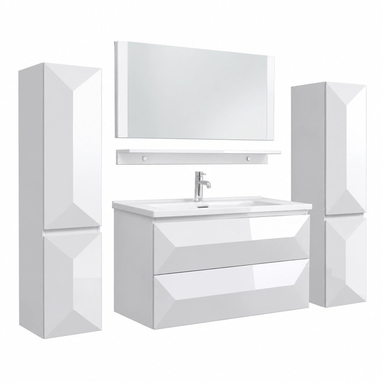 Miran 6-teiliges Badmöbel-Set 90 cm – Elegantes Badezimmermöbel mit Spiegel und Waschbecken – Softclose Unterschrank in Hochglanz Weiß