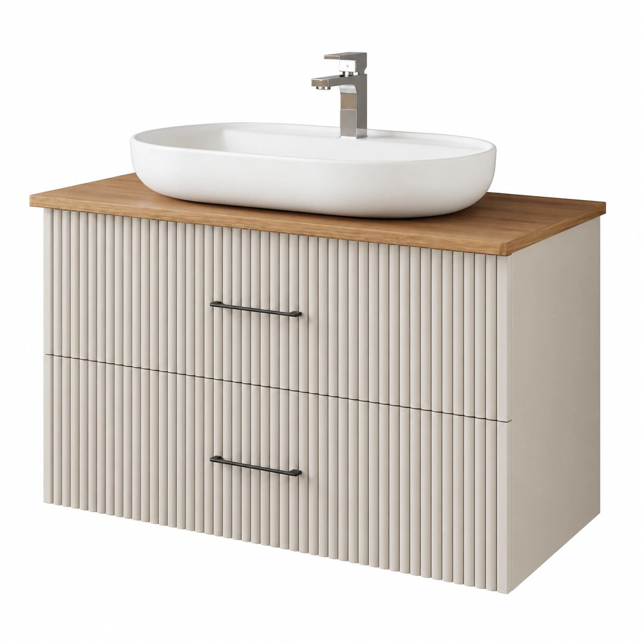 Badezimmermöbel-Set Liana 80 cm Walnuss mit Keramik-Aufsatzwaschbecken und Softclose Unterschrank