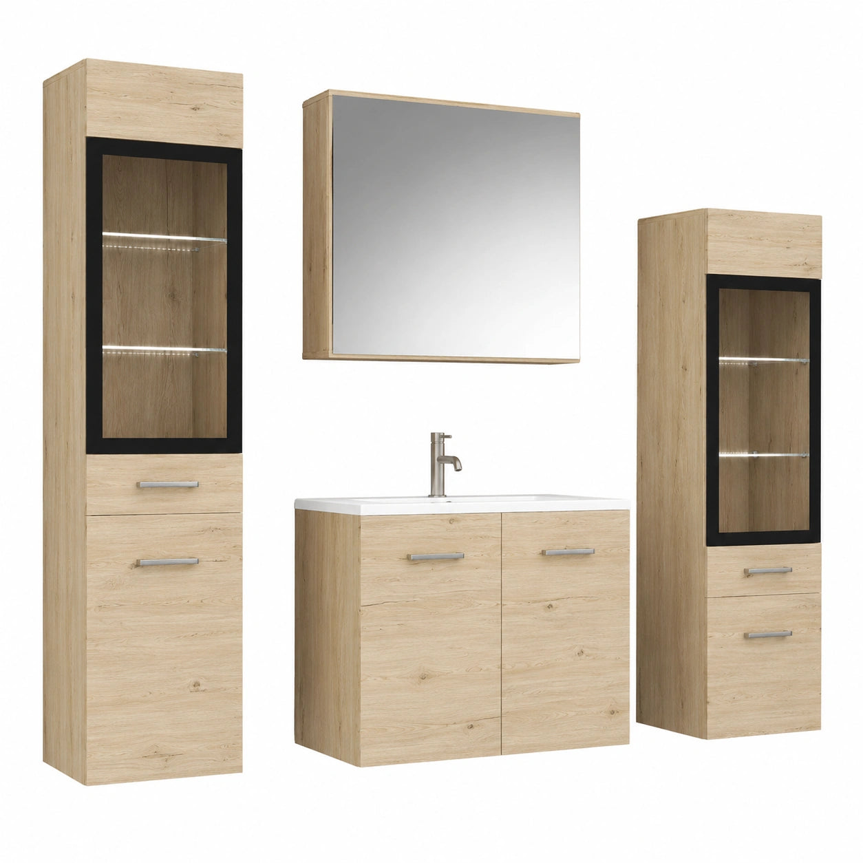 MINIO Badezimmermöbel-Set Marit 2 mit LED-Beleuchtung, Spiegelregal und Waschtischunterschrank, San Remo Eiche